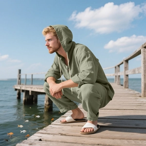 Detail of sage green men linen beach set with drawstring hood and casual pants on boardwalk