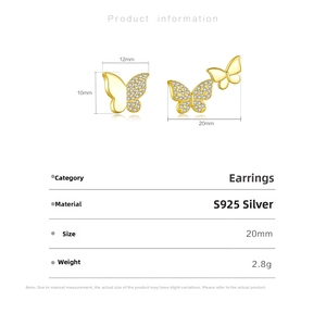 Detailed dimension chart for S925 sterling silver butterfly stud earrings with dimensions