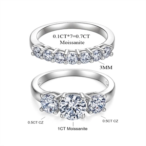Detail view of 1 carat moissanite center stone and CZ side stones on silver rings