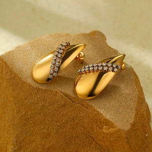 Elegant gold titanium steel teardrop earrings with white zircon on natural stone base