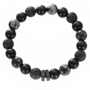 Men's beaded bracelet with black agate, snowflake obsidian, and steel star charm