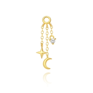 Detail of S925 sterling silver gold charm with star moon motifs and white zircon stones