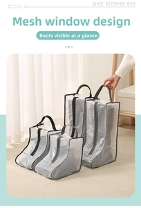 Detailed view of mesh shoe storage bags with black handles and central zippers for boots