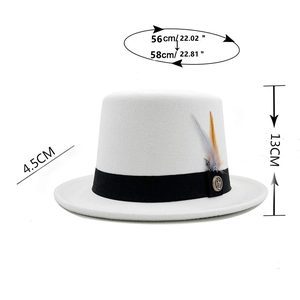 White wool felt top hat with black band, feathers, and detailed sizing measurements