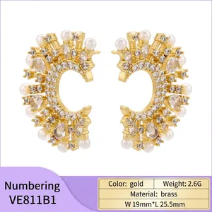 Golden C-shaped earrings with pearls and zircon crystals, 25.5mm elegant brass jewelry