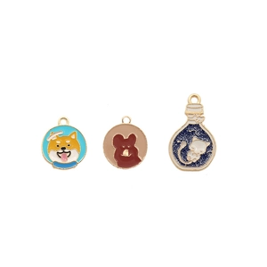Detailed view of colorful enamel animal charms including Shiba Inu and cat bottle designs