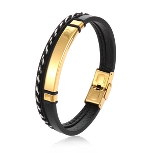 Men's braided black leather bracelet with a polished gold stainless steel curved bar