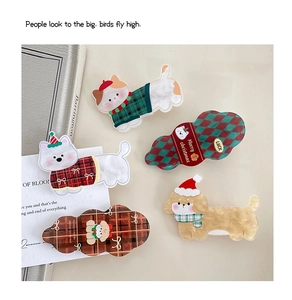 Set of 5 Christmas themed acrylic hair clips with cat and dog designs in festive plaid