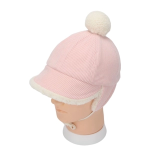 Bonnet d'hiver rose en velours pour enfants avec cache-oreilles et pompon blanc doux