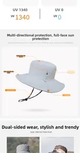 Detail of gray sun hat showing 9cm wide brim, breathable mesh and windproof rope