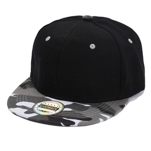 Flat brim snapback hat featuring a black body and grey camouflage patterned visor
