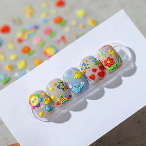 3D embossed colorful cartoon nail art stickers with rainbow and sunflower patterns