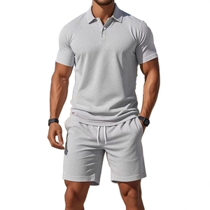 Men's grey short-sleeve polo shirt and shorts set for casual summer wear with knit texture