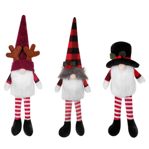 Three-piece Christmas gnome plush ornaments with reindeer horns and festive hats on white background