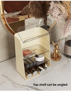 Detail of multi-layer cosmetic organizer showing interior compartments and clear cover