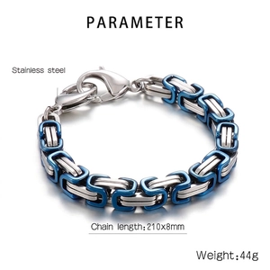 Men's punk style stainless steel king chain bracelet with silver and blue links