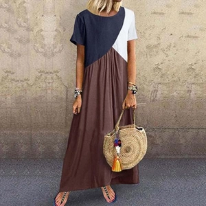 Maxi-jurk met korte mouwen en geometrisch kleurblokontwerp in marineblauw, wit en bruin