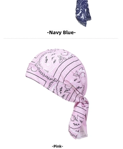 Detailed comparison of paisley printed bandana caps in navy blue and pink color options