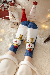 Detailed view of plush coral fleece Christmas socks featuring 3D snowman and festive decor