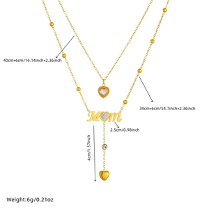 Double-layered gold MOM heart necklace with dimensions and weight on white background