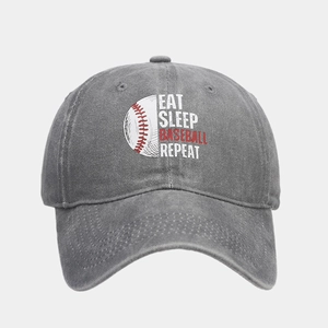 Detail of gray washed cotton baseball cap with Eat Sleep Baseball Repeat printed text