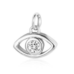 Detailed view of a silver eye-shaped pendant with a sparkling zircon center stone