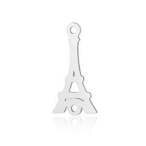 Detailed view of silver stainless steel Eiffel Tower pendant connector with hanging loop