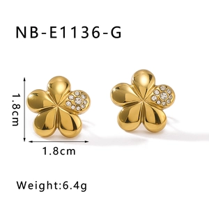 Detail view of 18k gold plated flower earrings with cubic zirconia, 1.8cm x 1.8cm size
