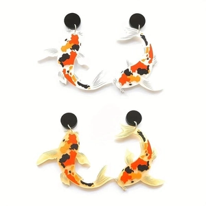 Koi Fish Goldfish Earrings Acrylic Asymmetric Printed Chinese Style Trendy Animal Drop Dangle For Women Novelty