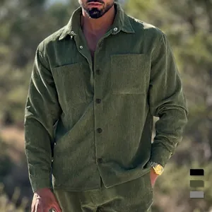 Men's olive green corduroy utility shirt set with matching trousers and chest pockets