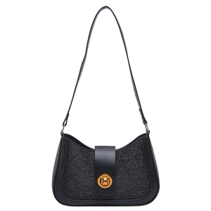 Sparkly black crescent underarm bag with gold twist lock and sequin fabric finish