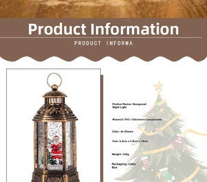 Detail view of a vintage Santa Claus lantern with internal LED light and glitter snow effect