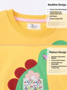 Yellow long sleeve cotton girl sweatshirt with dinosaur and flower appliqué embroidery
