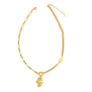 Gold stainless steel asymmetrical chain necklace with Hamsa Hand pendant on white background