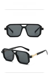 Front and side view of black square sunglasses with decorative gold metal accents