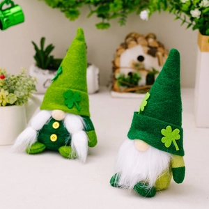 Detail of St. Patrick's Day gnomes with green hats, clovers and plush white beards