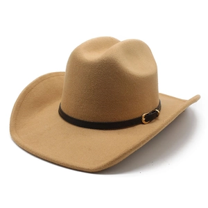 Classic camel wool western cowboy hat with brown leather belt and gold buckle decoration