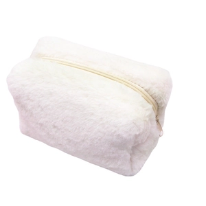Minimalist white plush pencil case and cosmetic bag with soft fluffy texture and zipper