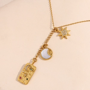 18K gold plated stainless steel necklace with sun moon tarot pendants and tassels