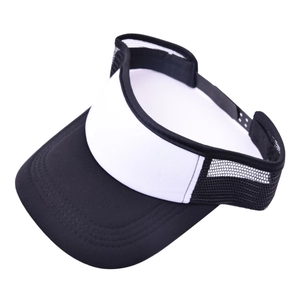 Detail view of adjustable black and white sun visor hat with breathable mesh side panels