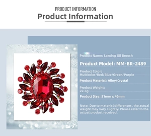 Detail of red rhinestone enamel brooch in alloy with specific size and weight parameters