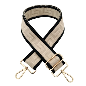 Detail of adjustable 5cm maze pattern jacquard bag strap with gold metal hardware