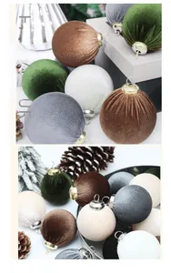 Close-up of velvet Christmas ornaments with subtle pleated textures in neutral tones