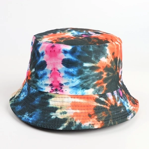 Detailed view of tie-dye bucket hat with colorful pattern and reinforced brim stitching