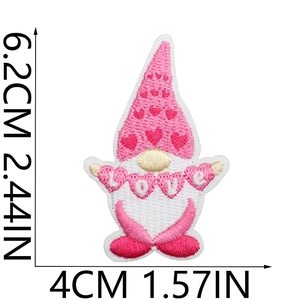 Detailed size view of pink and white embroidered gnome patch with Love text 6.2cm