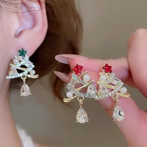 Sparkling Christmas tree earrings with pearls, rhinestones and waterdrop pendant charm