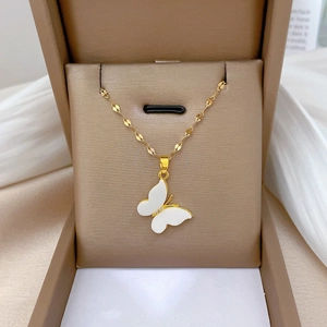 Elegant gold titanium steel necklace with white butterfly shell pendant in jewelry box