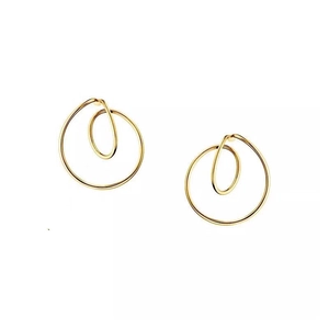 Minimalist geometric gold double hoop ear cuffs with twisted retro aesthetic on white background
