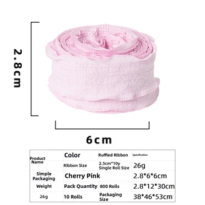 Detailed size chart for ruffled linen ribbon showing 2.8cm height and 6cm roll diameter