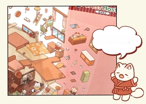 Detail of Forest Hostel PET die-cut stickers featuring cute cats and furniture for journaling